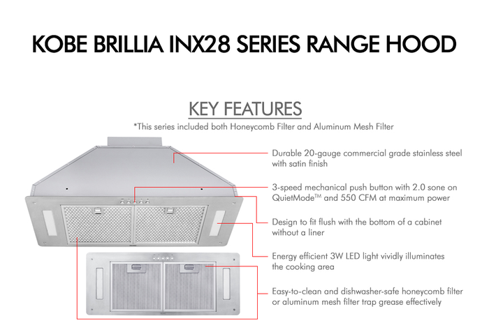 Kobe INX2830SQH7001 28 Inch Brillia  Hood Parts
