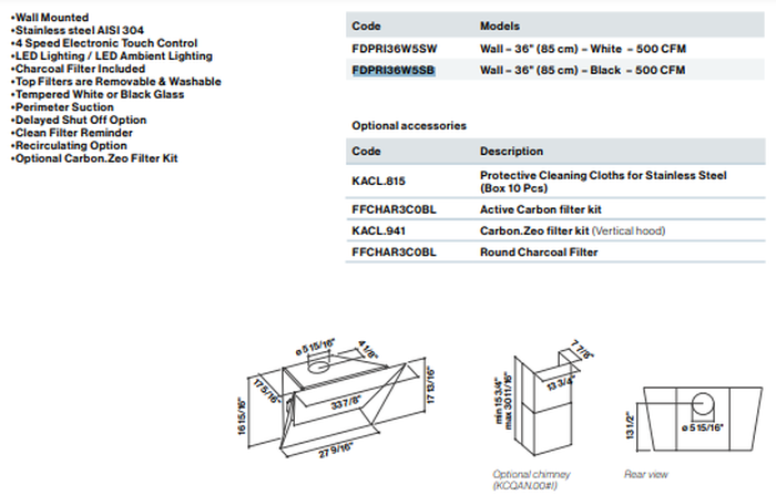 Falmec FDPRI36W5SB 36 Inch Mounted on Wall 500 CFM