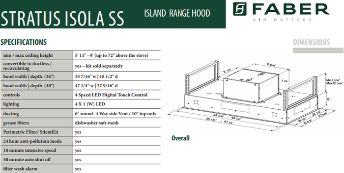 Faber STRTIS36SSNB Stratus Isola Range Hood Replacement Parts