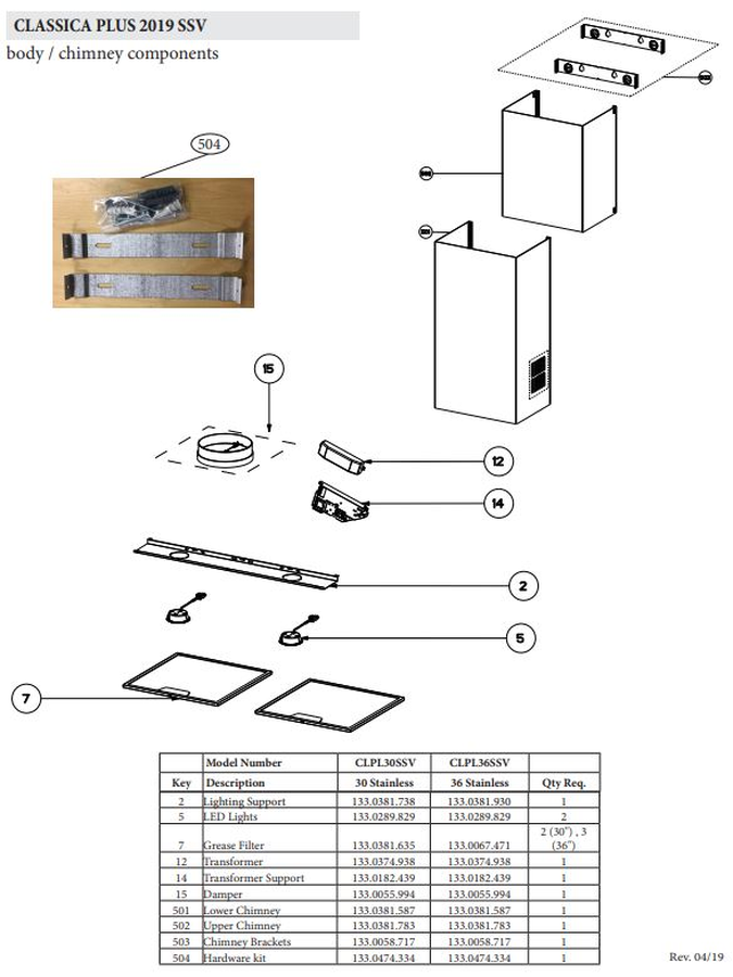 Faber ClassicaPlus-SSV Replacement Parts Range Hood Replacement Parts