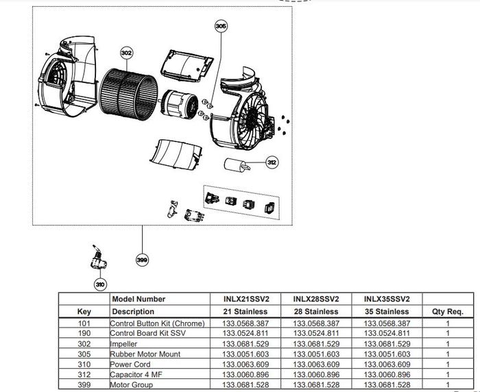 Faber 133.0681.528 Blower Motor Group SSV 600 CFM for Inca Lux Dama Stilo Glass Stratus Isola